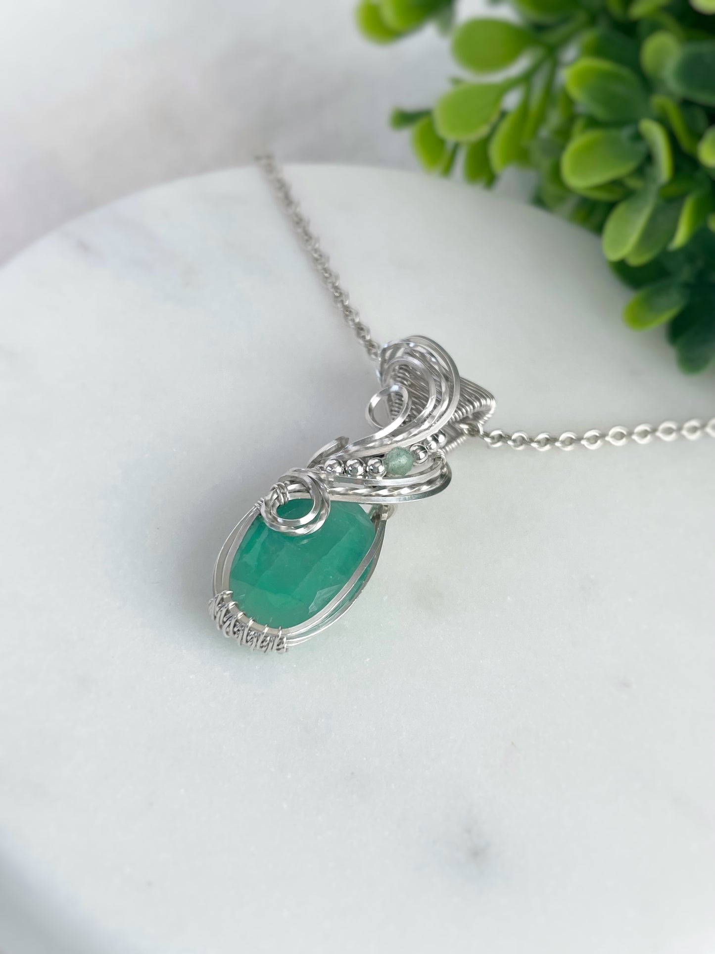 Dainty, Faceted Emerald & Green Aventurine Necklace in Argentium Silver