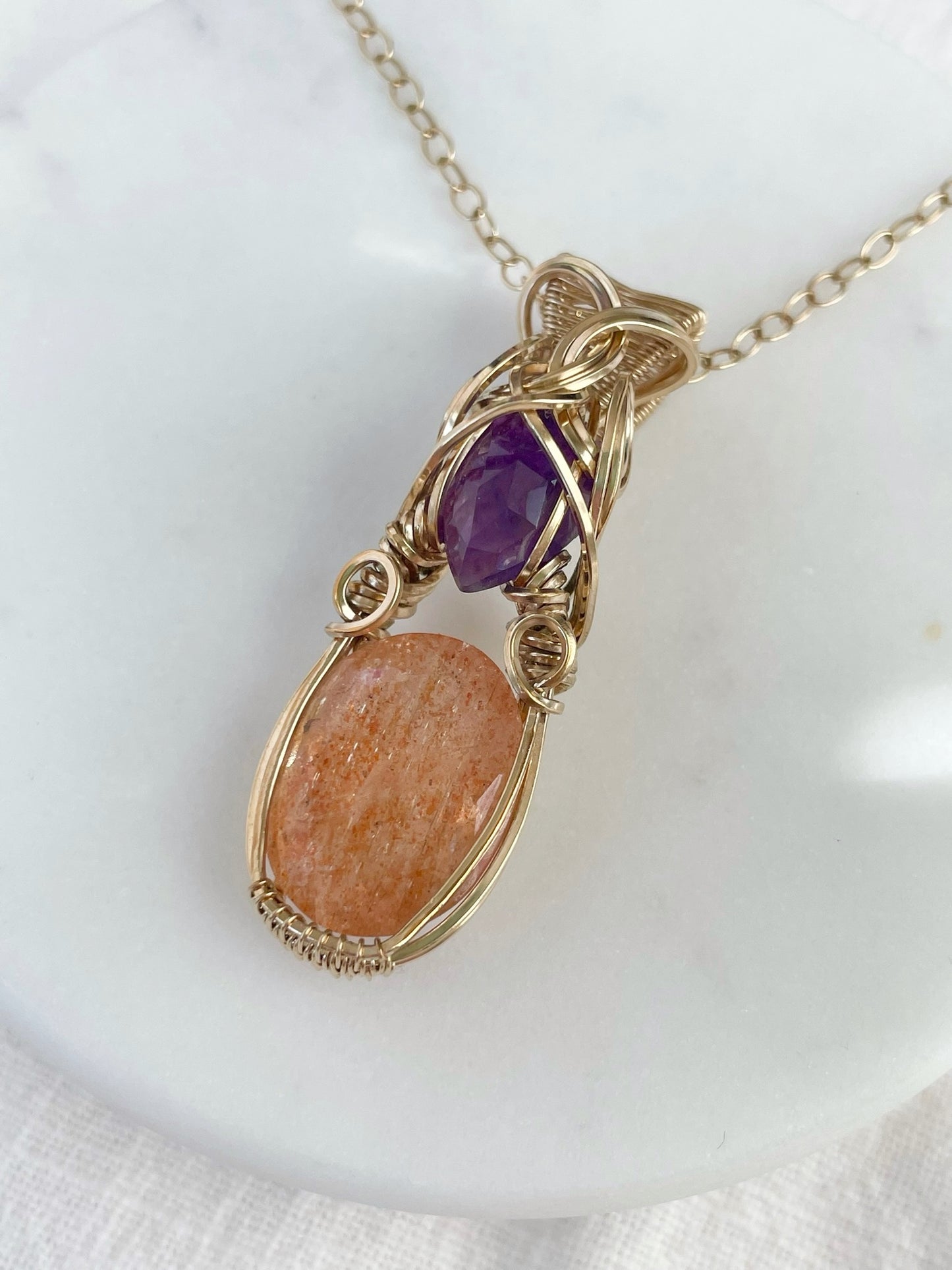 High Quality Faceted Sunstone & Amethyst Necklace in 14k Gold Filled