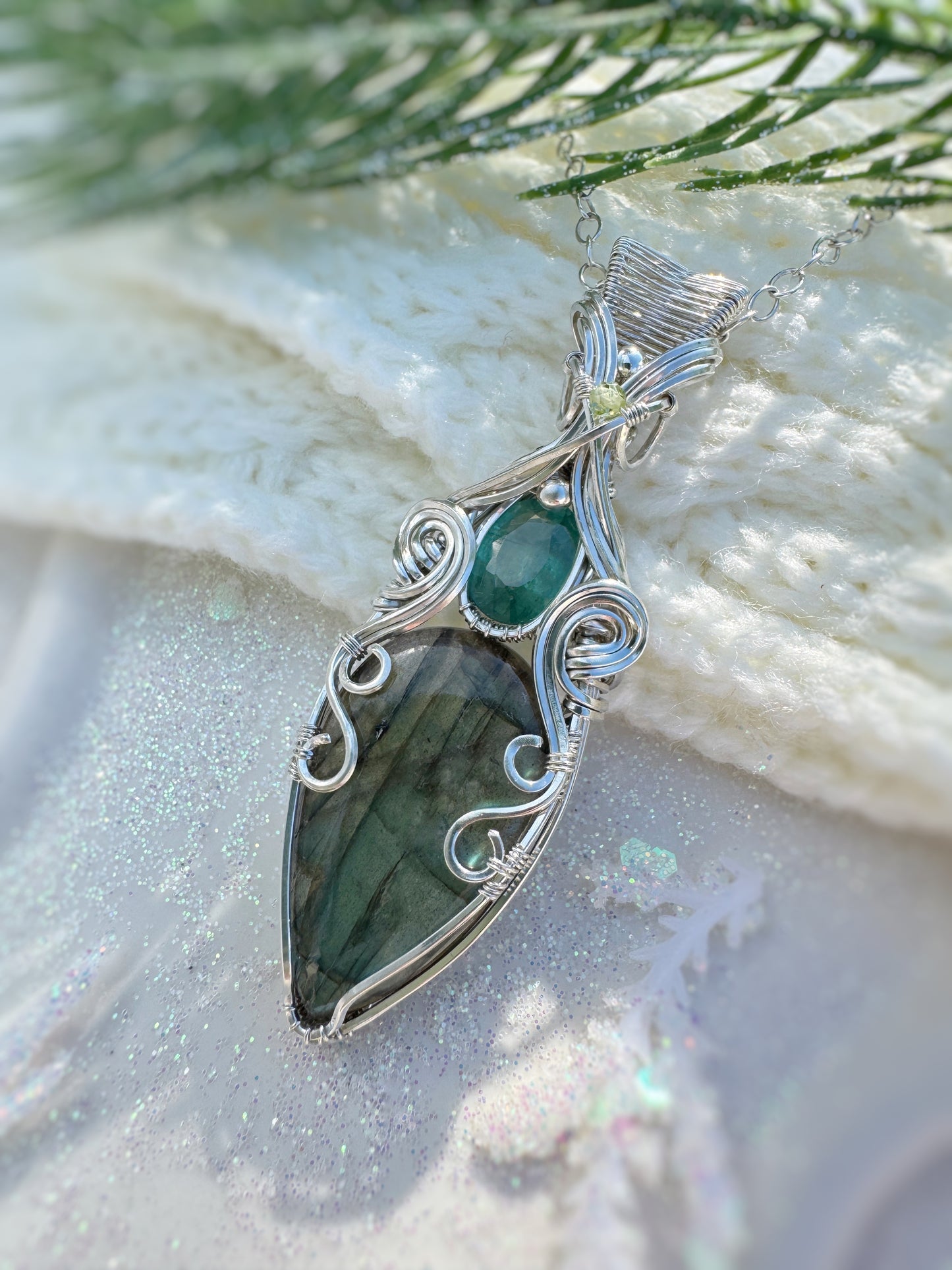 Labradorite, Green Kyanite & Peridot Necklace in 0.925 Sterling Silver