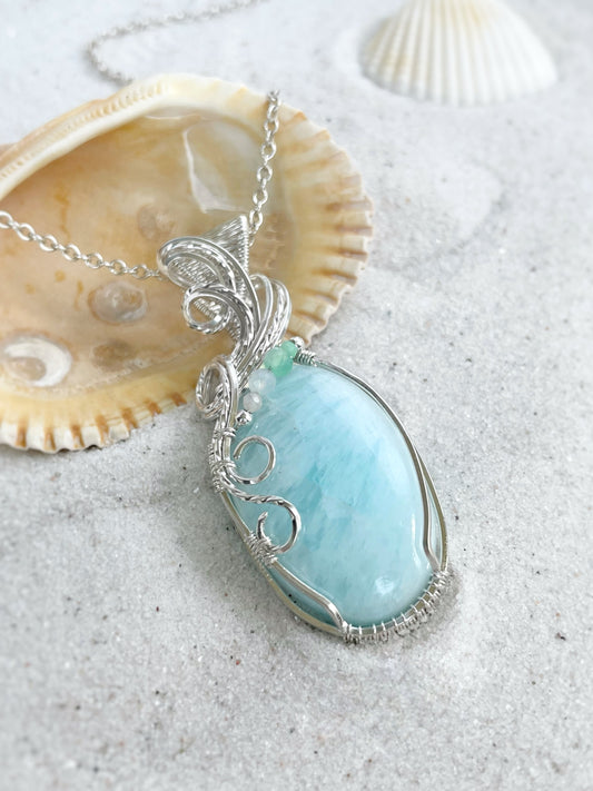 Aqua Calcite & Chrysoprase Necklace in 0.925 Sterling Silver