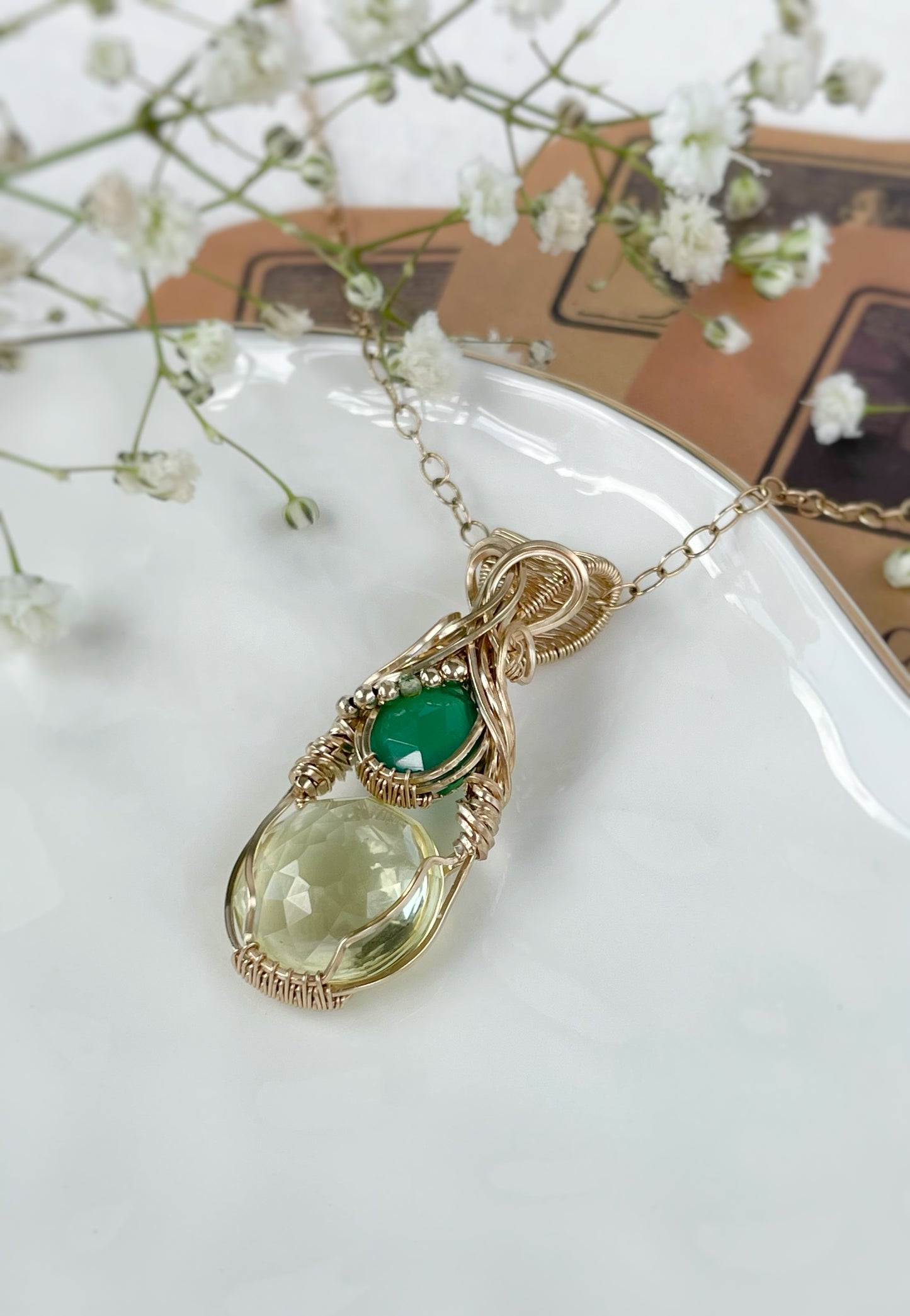 Lemon Quartz & Green Onyx & Peridot Necklace in 14k Gold Filled