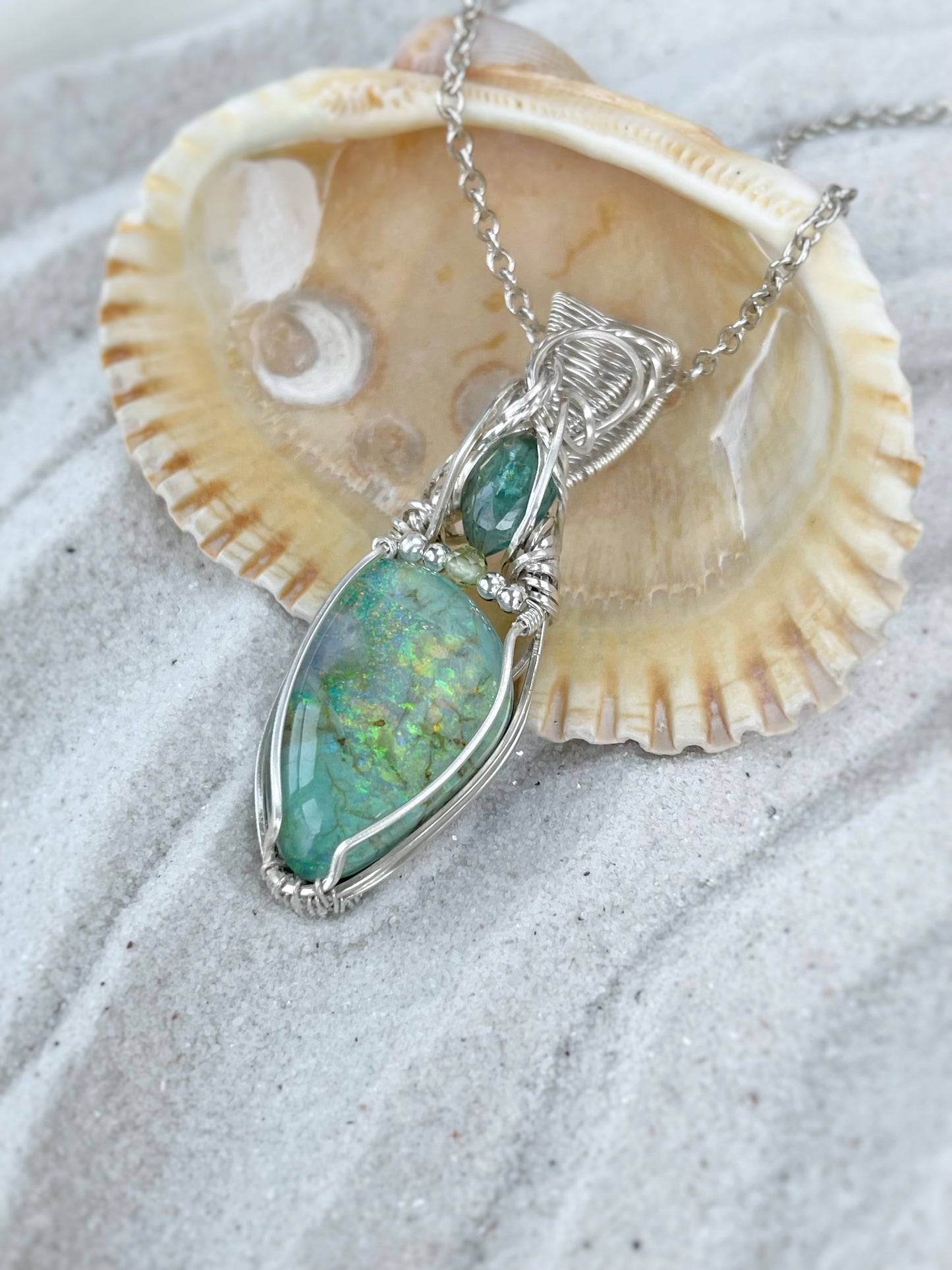 Sterling Monarch Opal ( Lab Created), Green Kyanite & Peridot Necklace in 0.925 Sterling Silver