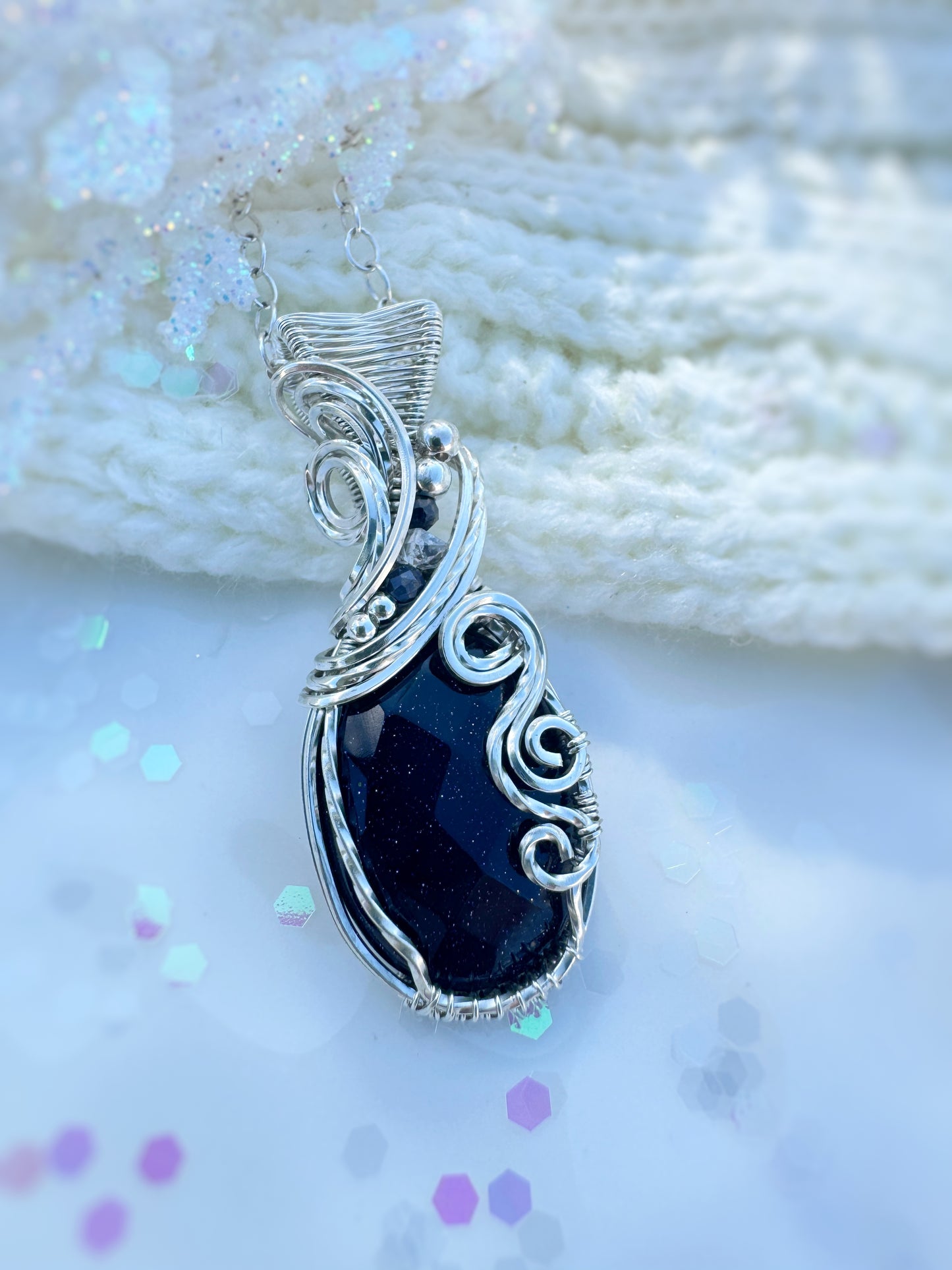 Blue Goldstone, Blue Sapphire & Herkimer Diamond Necklace in 0.925 Sterling Silver