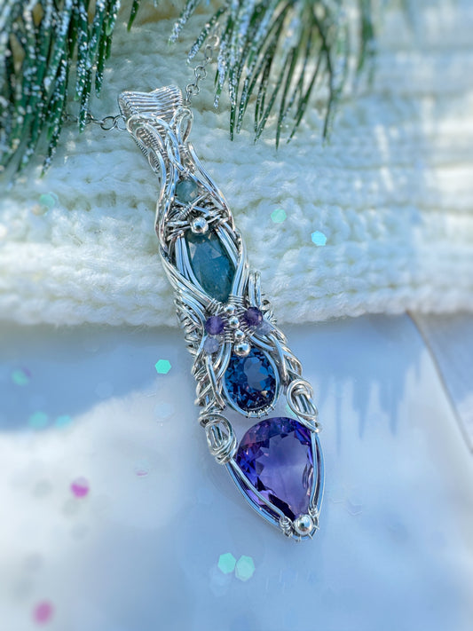 Amethyst, Simulated Alexandrite, Aqua Kyanite, Aqua Apatite, Tanzanite & Blue Chalcedony Necklace in 0.925 Sterling Silver