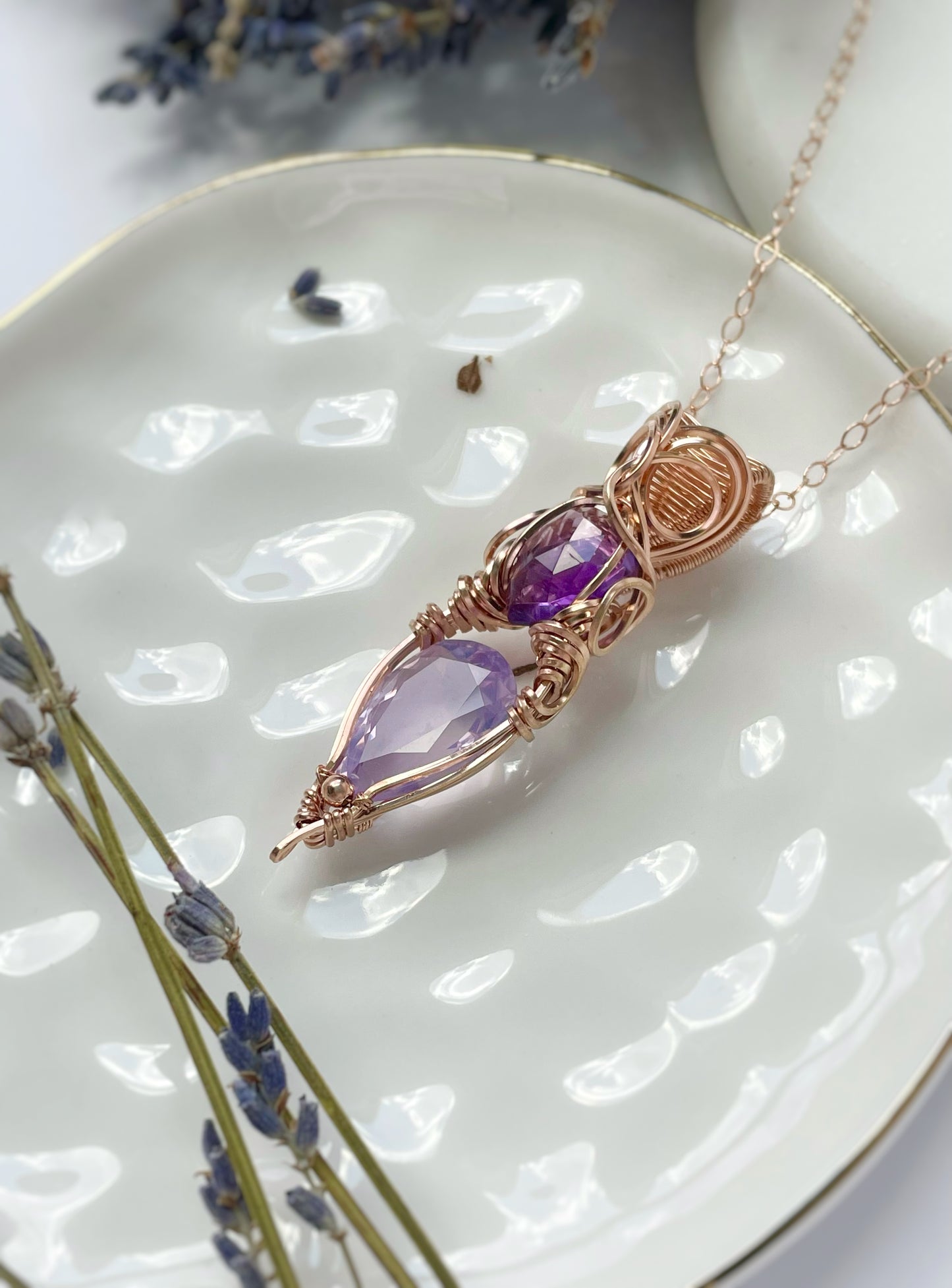 Lavender Quartz & Amethyst Necklace in 14k Rose Gold Filled