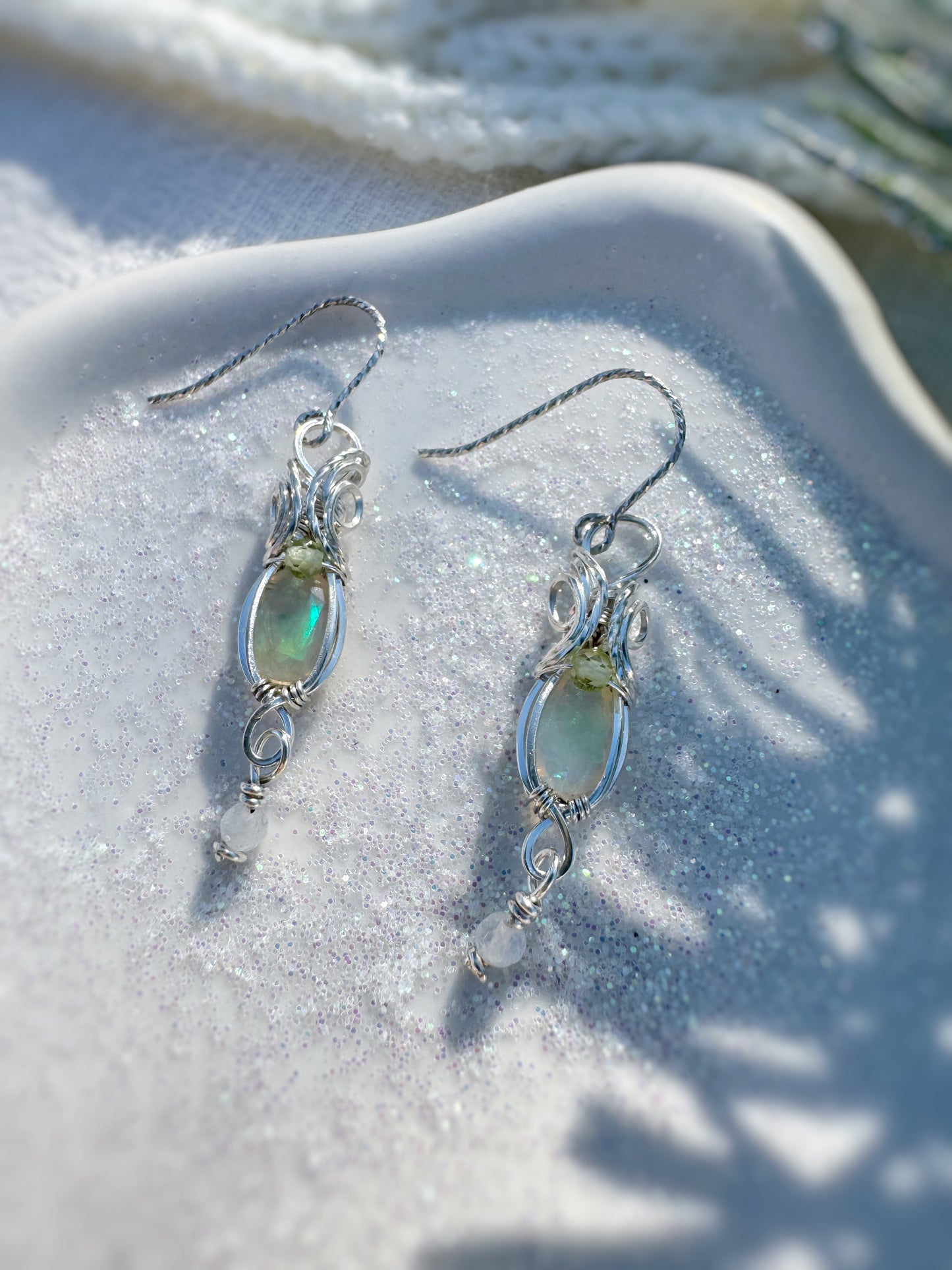 Dainty Opal, Peridot & Moonstone Earrings in 0.925 Sterling Silver