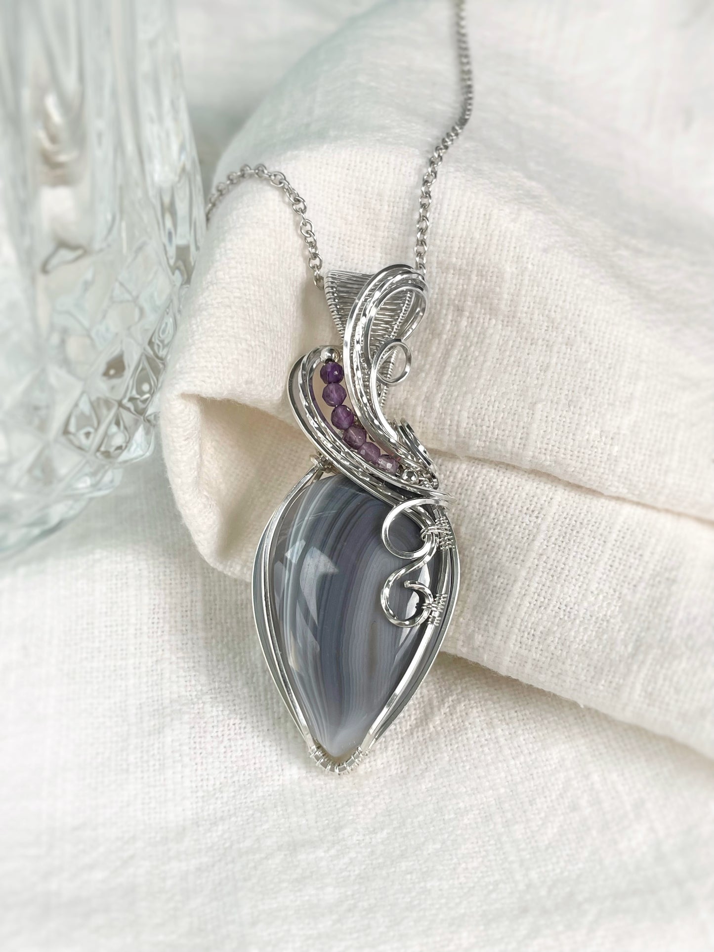 Botswana Agate & Amethyst Necklace in 0.925 Sterling Silver