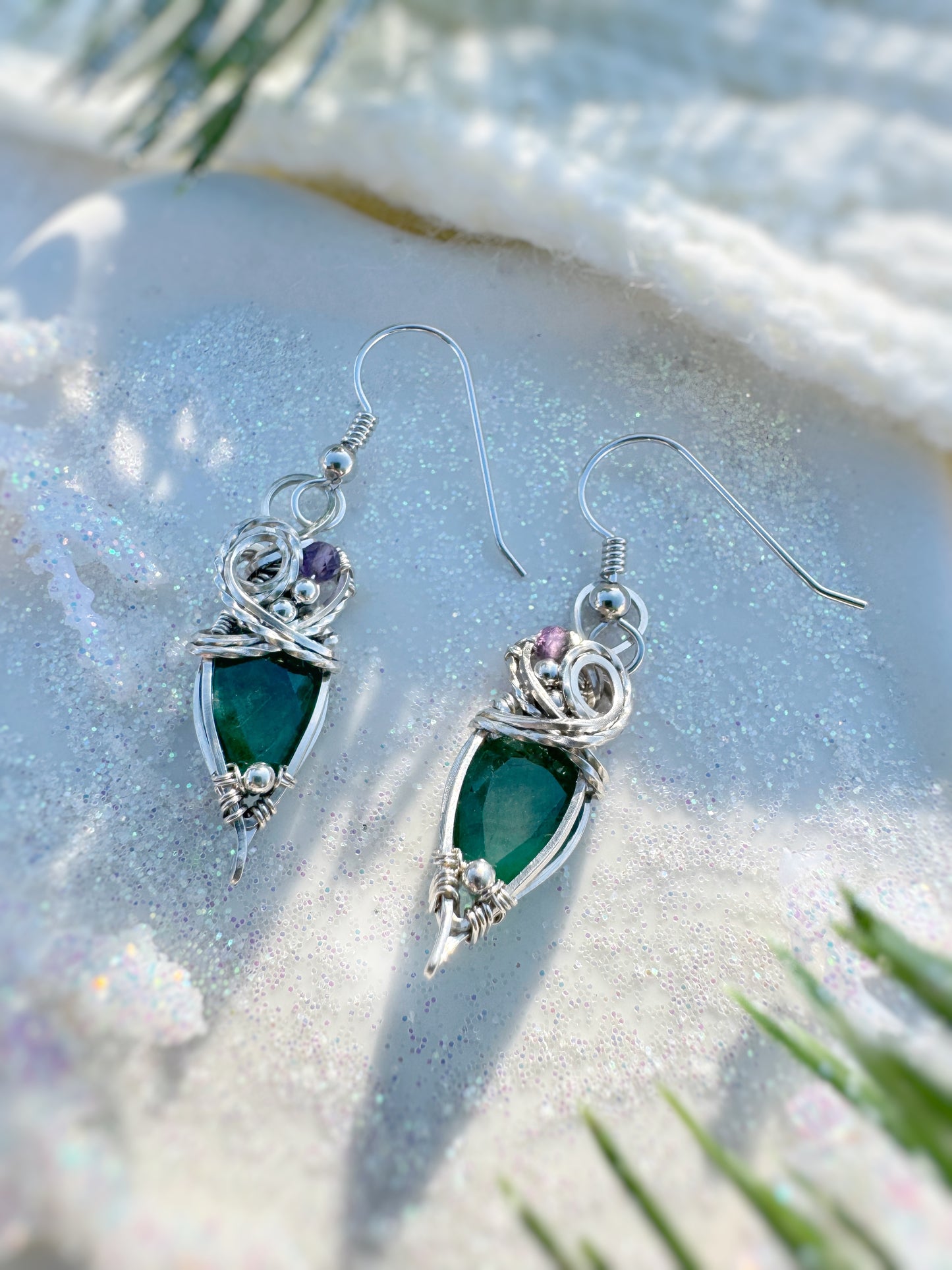 Emerald & Amethyst Earrings in Argentium Silver