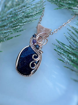 Blue Goldstone, Blue Sapphire & Amethyst Necklace in 14k Rose Gold Filled