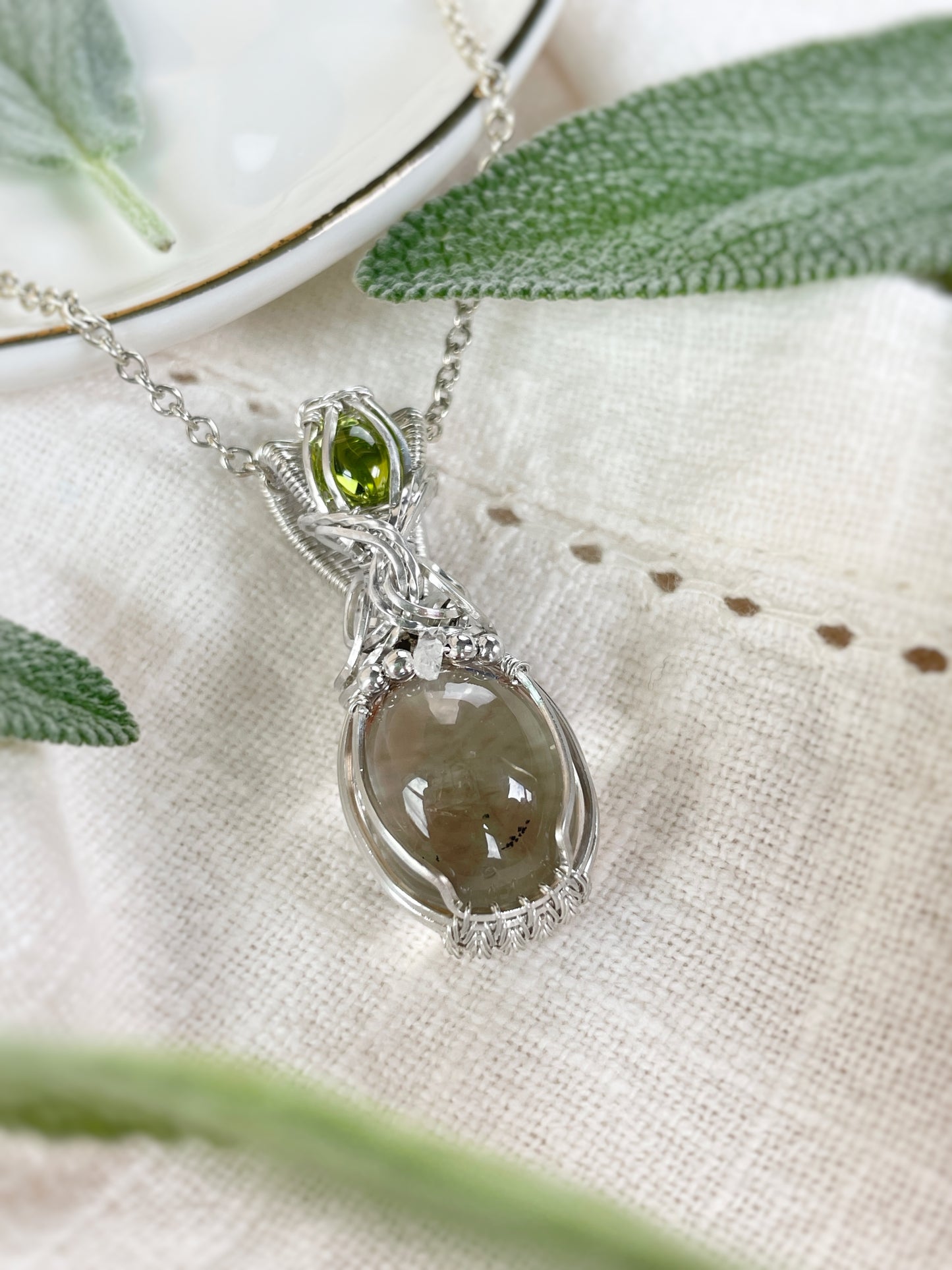 Rare Enhydro Quartz, Peridot & Herkimer Diamond Necklace in Argentium Silver