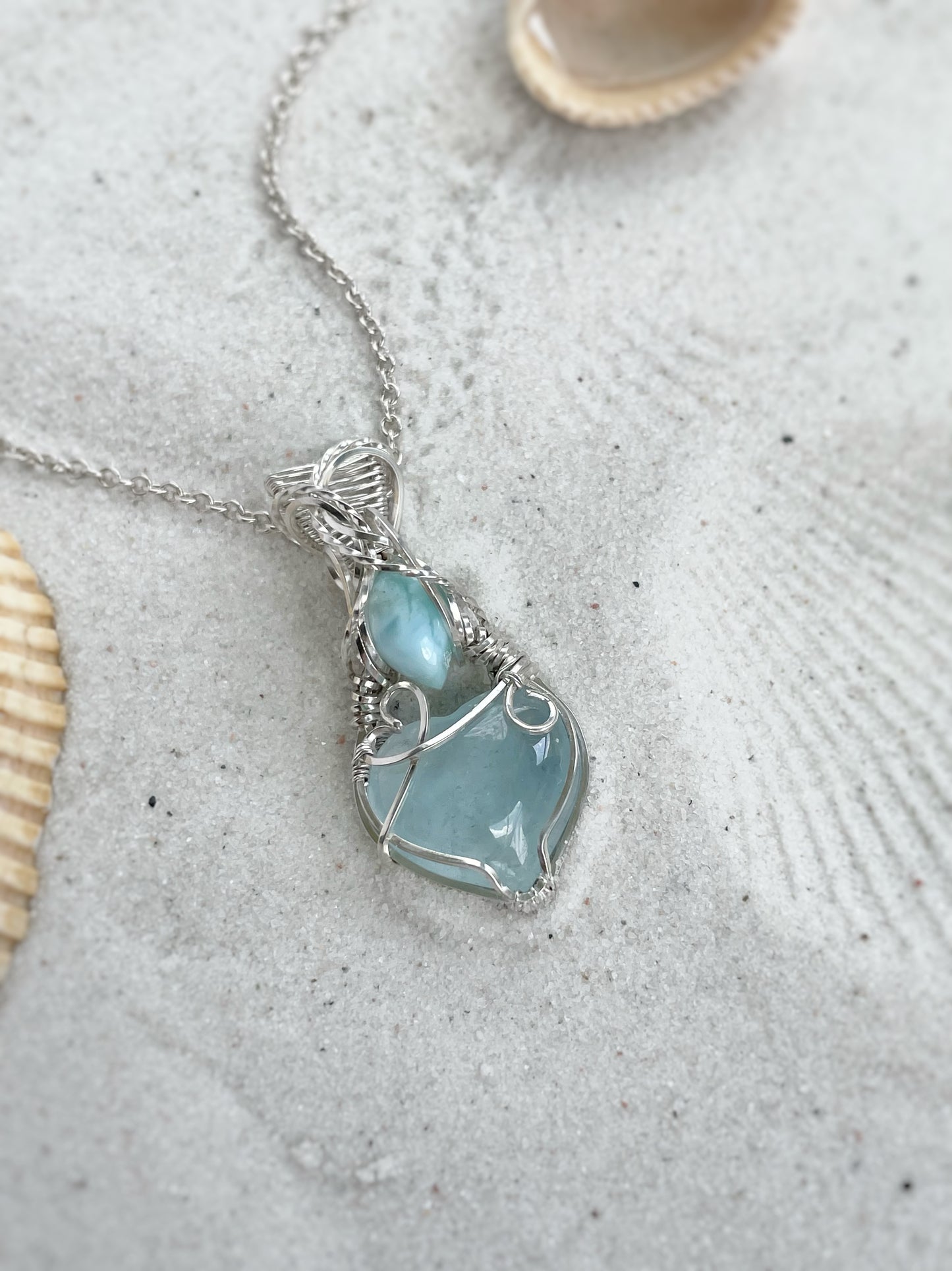 Small Aquamarine Heart & Larimar Necklace in Argentium Silver