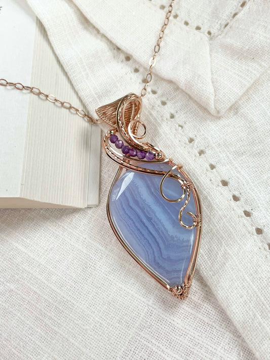 Blue Lace Agate & Amethyst Necklace in 14k Rose Gold Filled