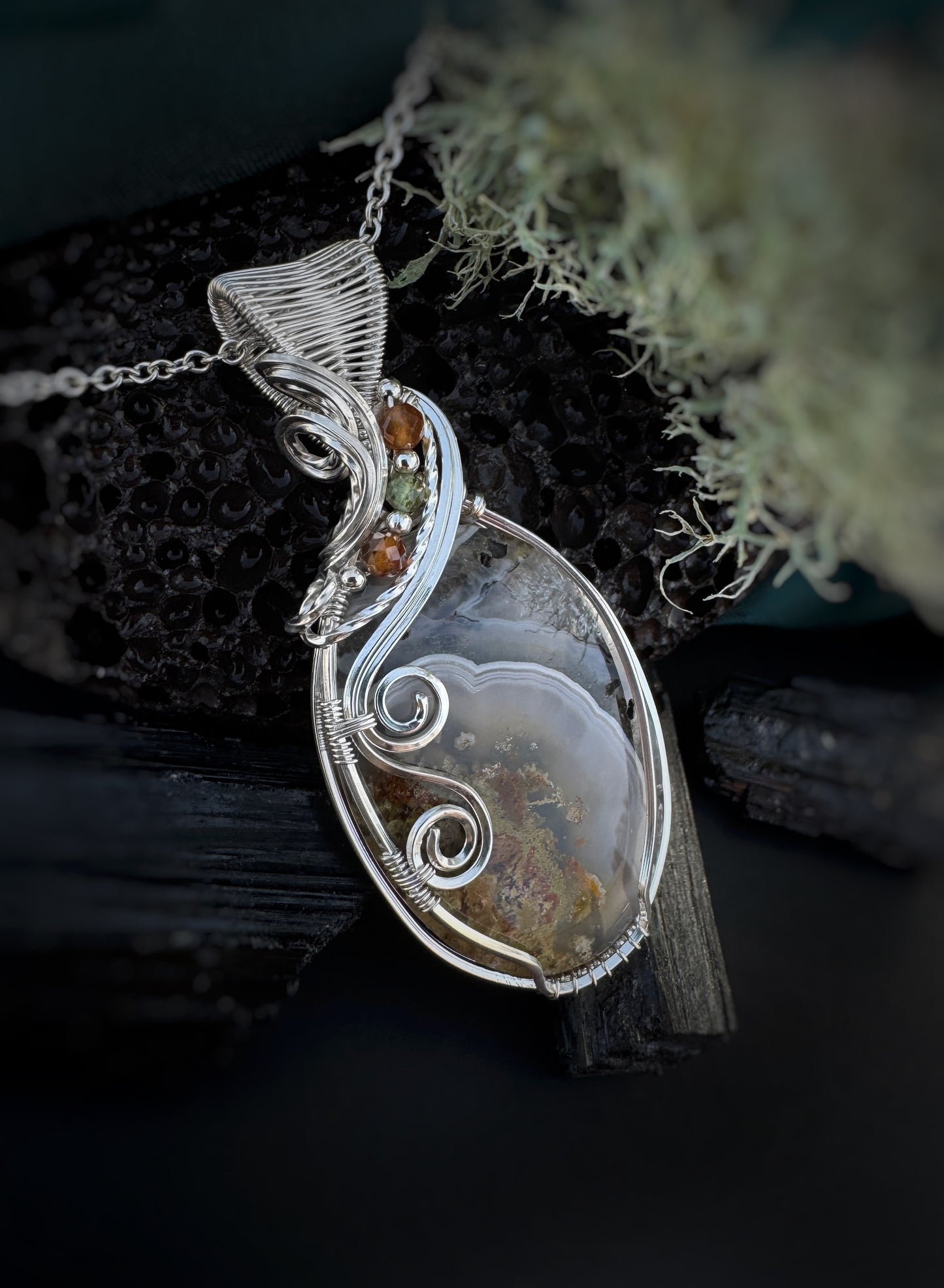 Moss Agate, Hessonite Garnet & Green Apatite Necklace in Argentium Silver
