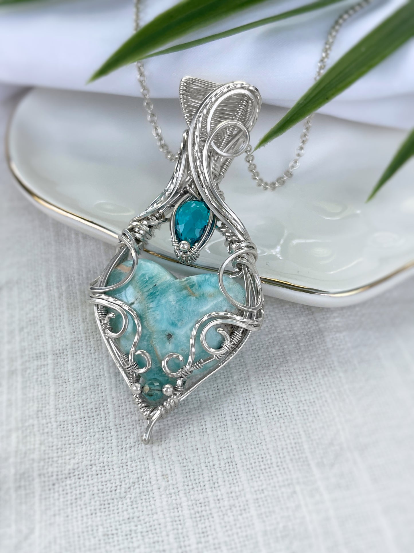 Blue Aragonite Heart, Dyed Blue Quartz & Aqua Apatite Necklace in 0.925 Sterling Silver