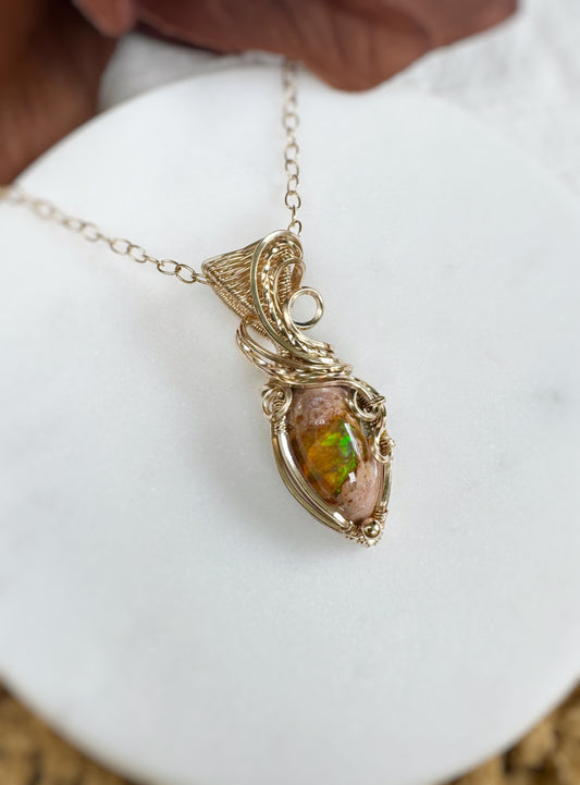 12.5 ct Mexican Fire Opal Necklace in 14k Gold Filled