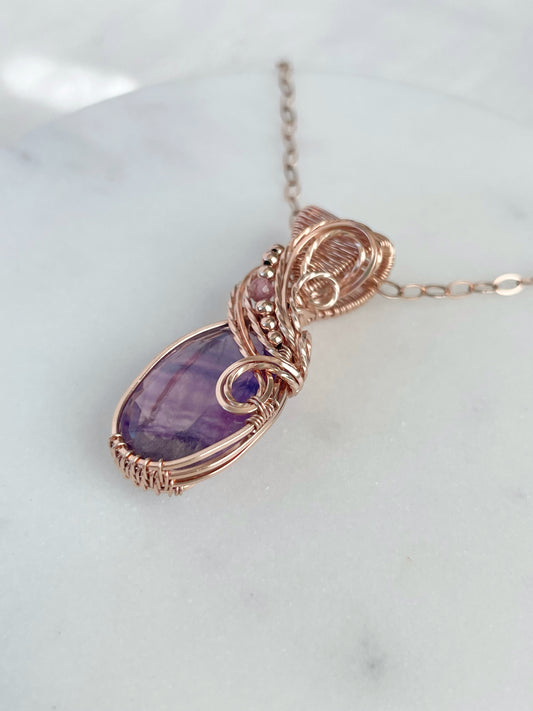 Purple Fluorite & Pink Tourmaline Necklace in 14k Rose Gold Filled