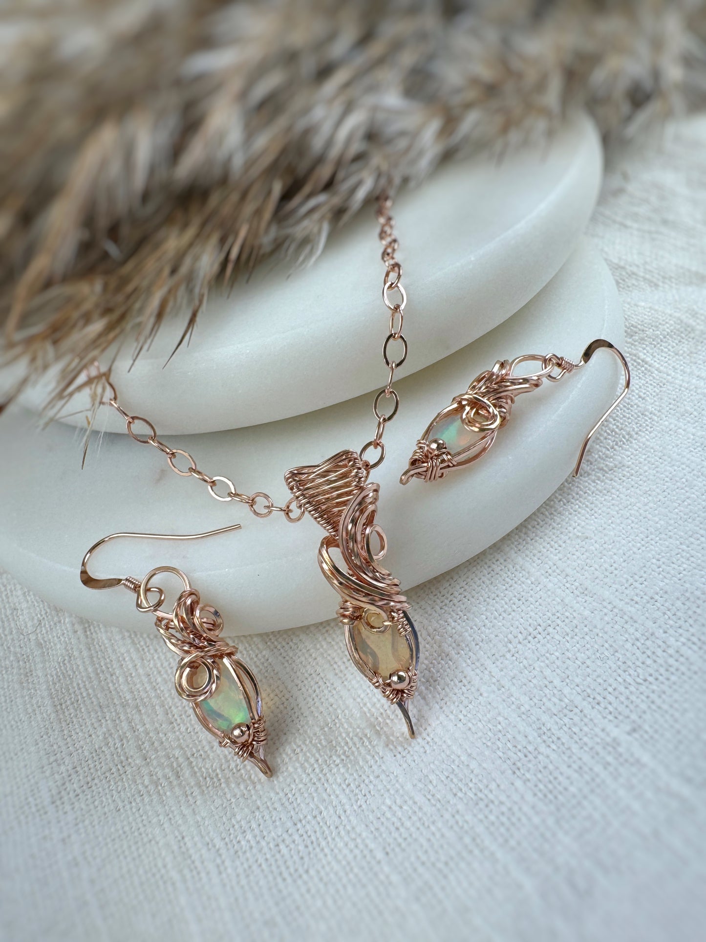 Dainty Faceted Opal Set (Necklace + Earrings) in 14k Rose Gold Filled