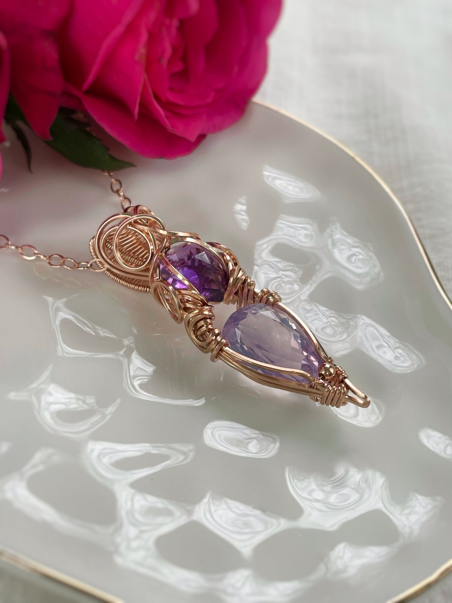 Lavender Quartz & Amethyst Necklace in 14k Rose Gold Filled