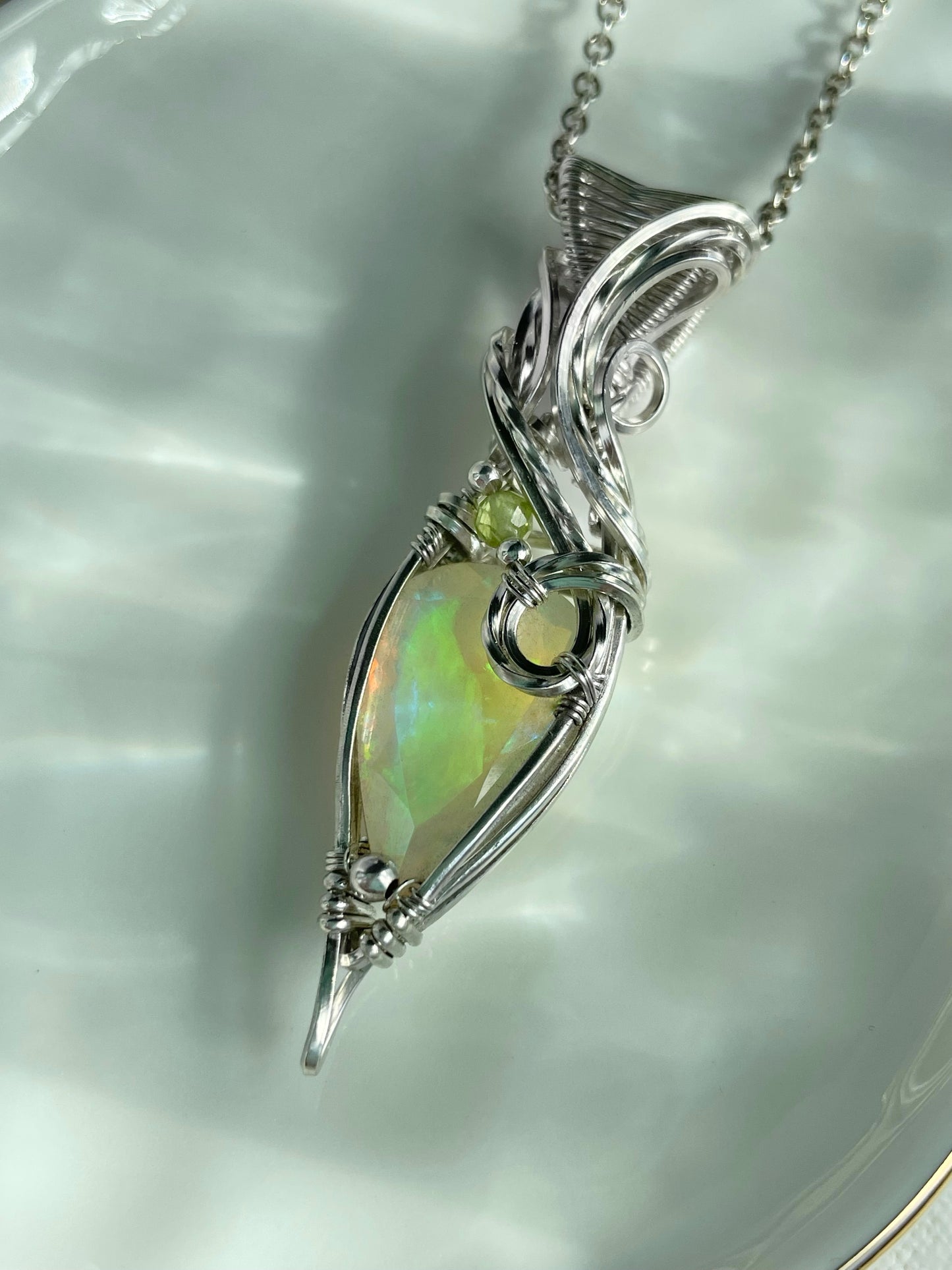 6.1ct Faceted Flashy Ethiopian Opal & Peridot Necklace in Argentium Silver