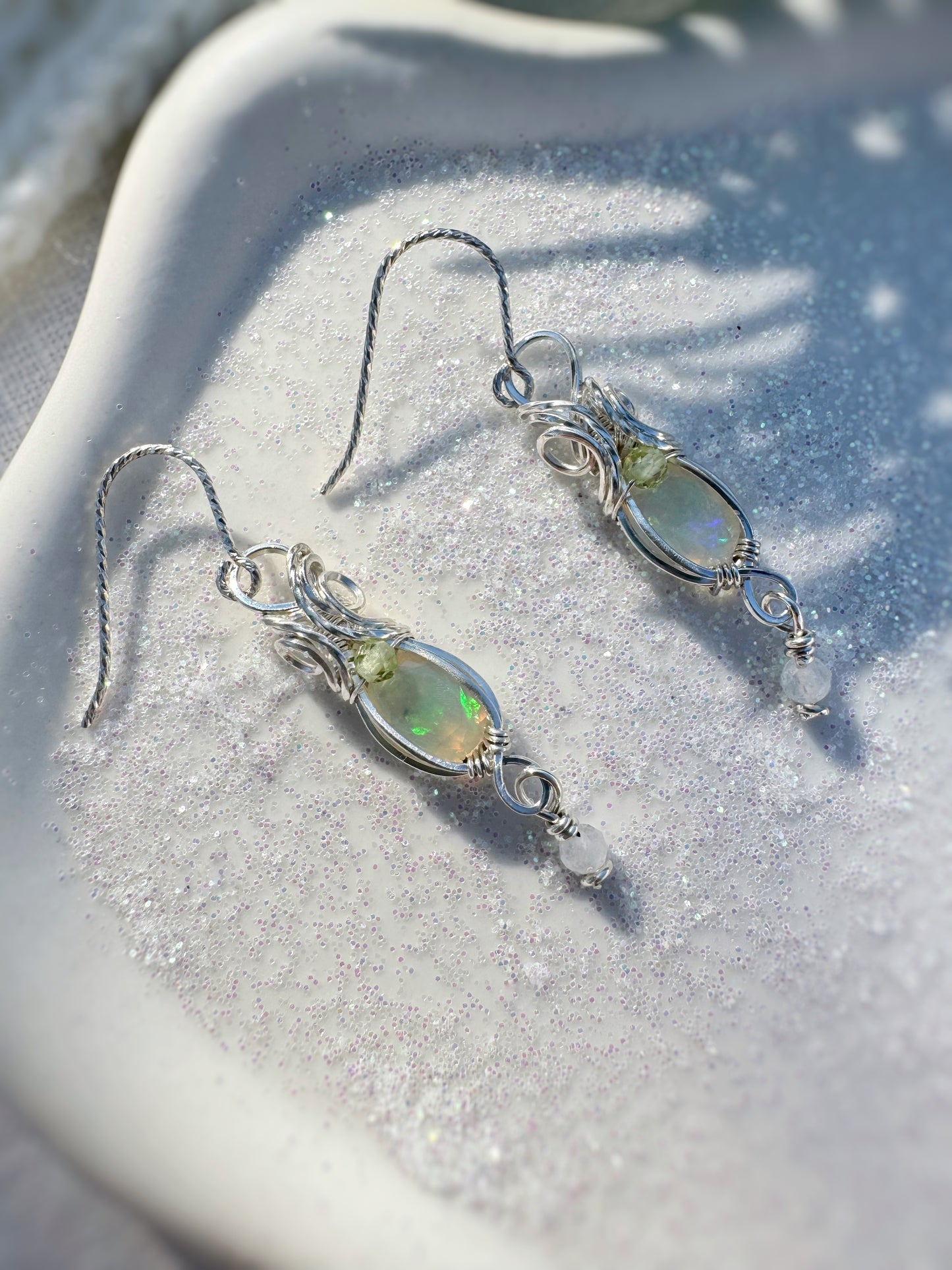 Dainty Opal, Peridot & Moonstone Earrings in 0.925 Sterling Silver