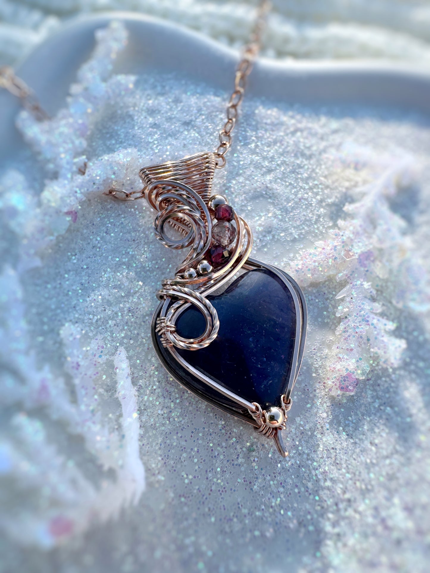 Iolite Heart, Garnet & Iolite Sunstone Necklace in 14k Rose Gold Filled