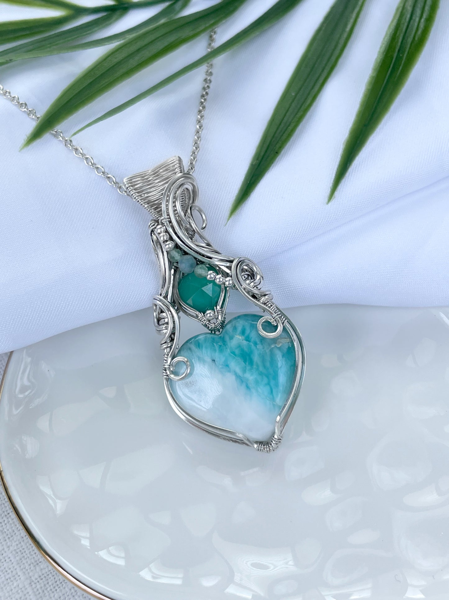 Larimar, Green Onyx, Green Aventurine & Chalcedony Necklace in 0.925 Sterling Silver