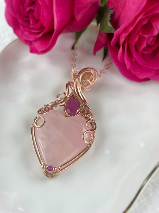 Rose Quartz Heart & Ruby Necklace in 14k Rose Gold Filled