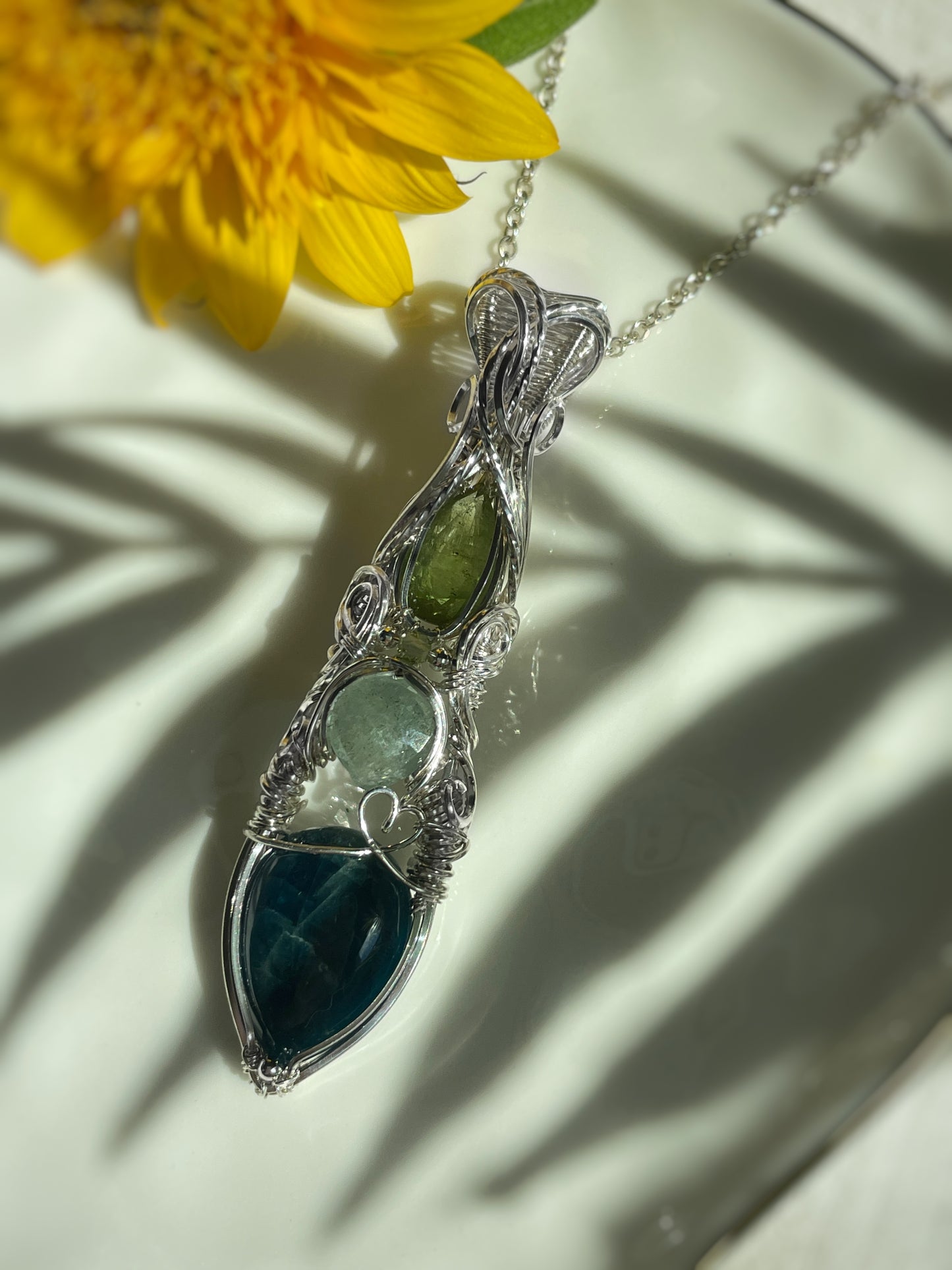 Blue Apatite, Aquamarine, Green Tourmaline & Peridot Necklace in 0.925 Sterling Silver