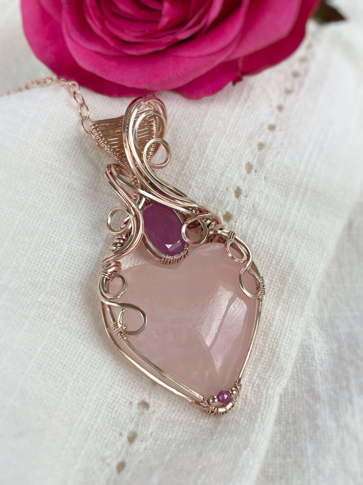 Rose Quartz Heart & Ruby Necklace in 14k Rose Gold Filled