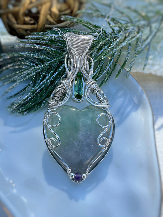 Fluorite, Green Tourmaline, Amethyst & Chrome Diopside Necklace in 0.925 Sterling Silver