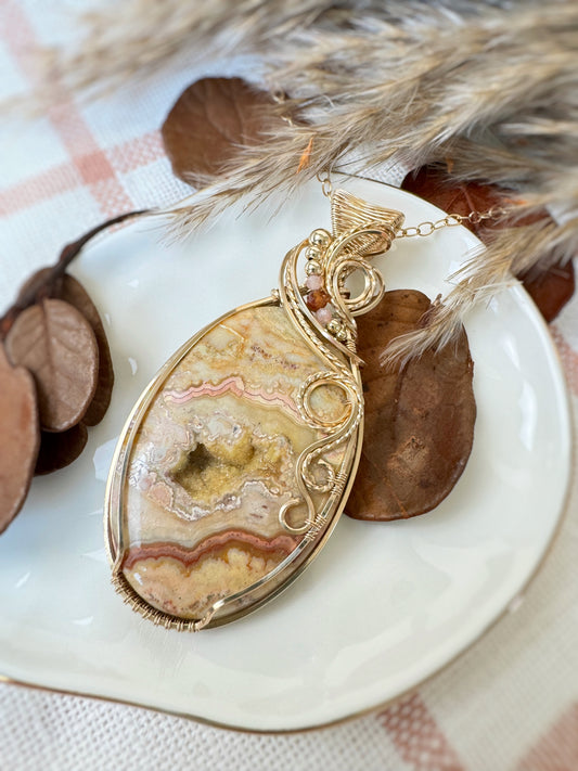 Yellow Onyx (Mexico), Peach Moonstone, Hessonite Garnet Statement Necklace in 14k Gold Fill