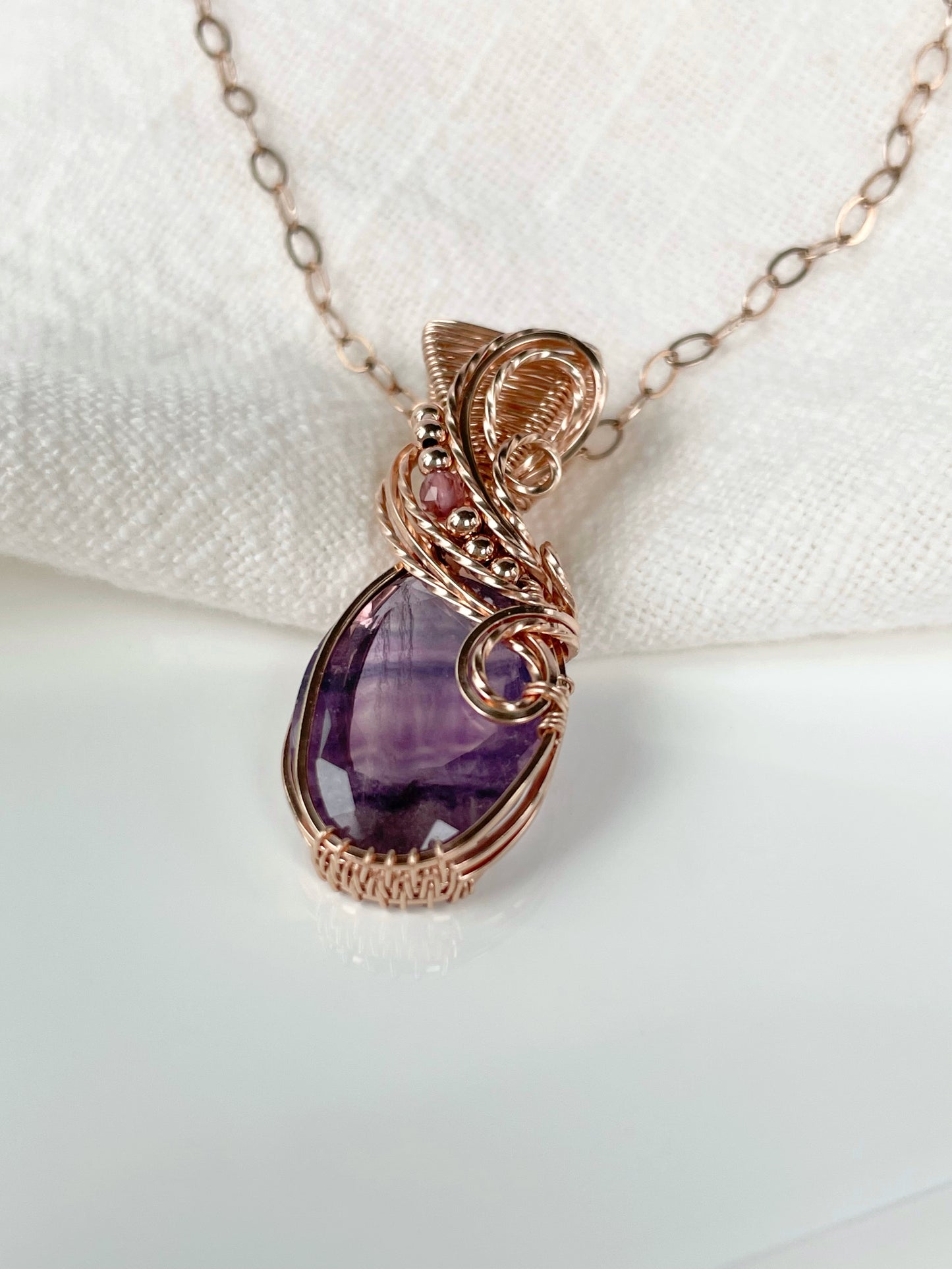 Purple Fluorite & Pink Tourmaline Necklace in 14k Rose Gold Filled