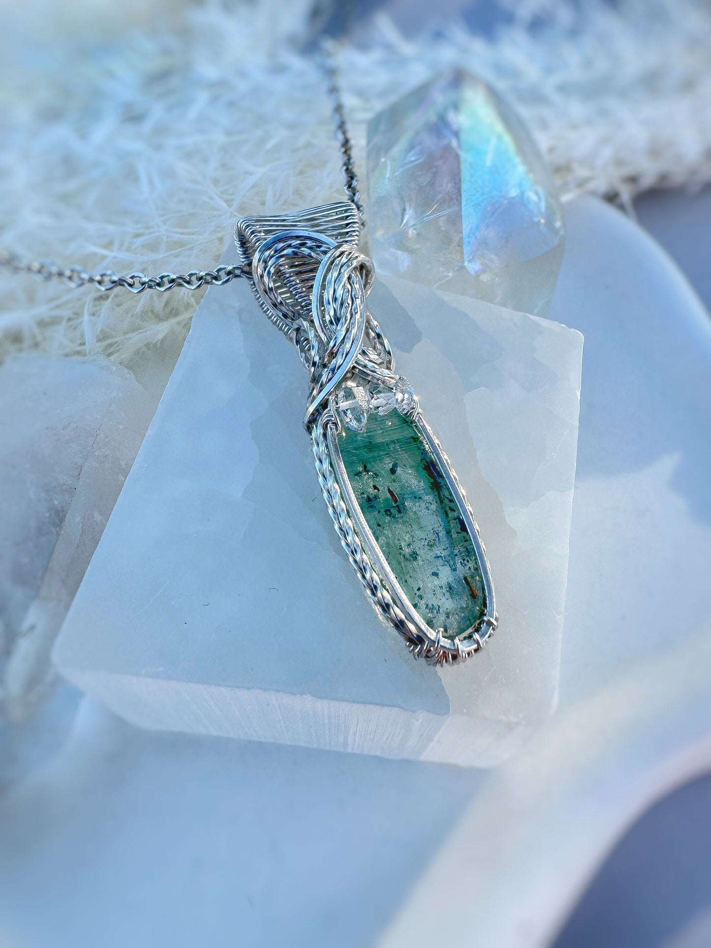 Green Kyanite & Herkimer Diamond Argentium Silver Necklace