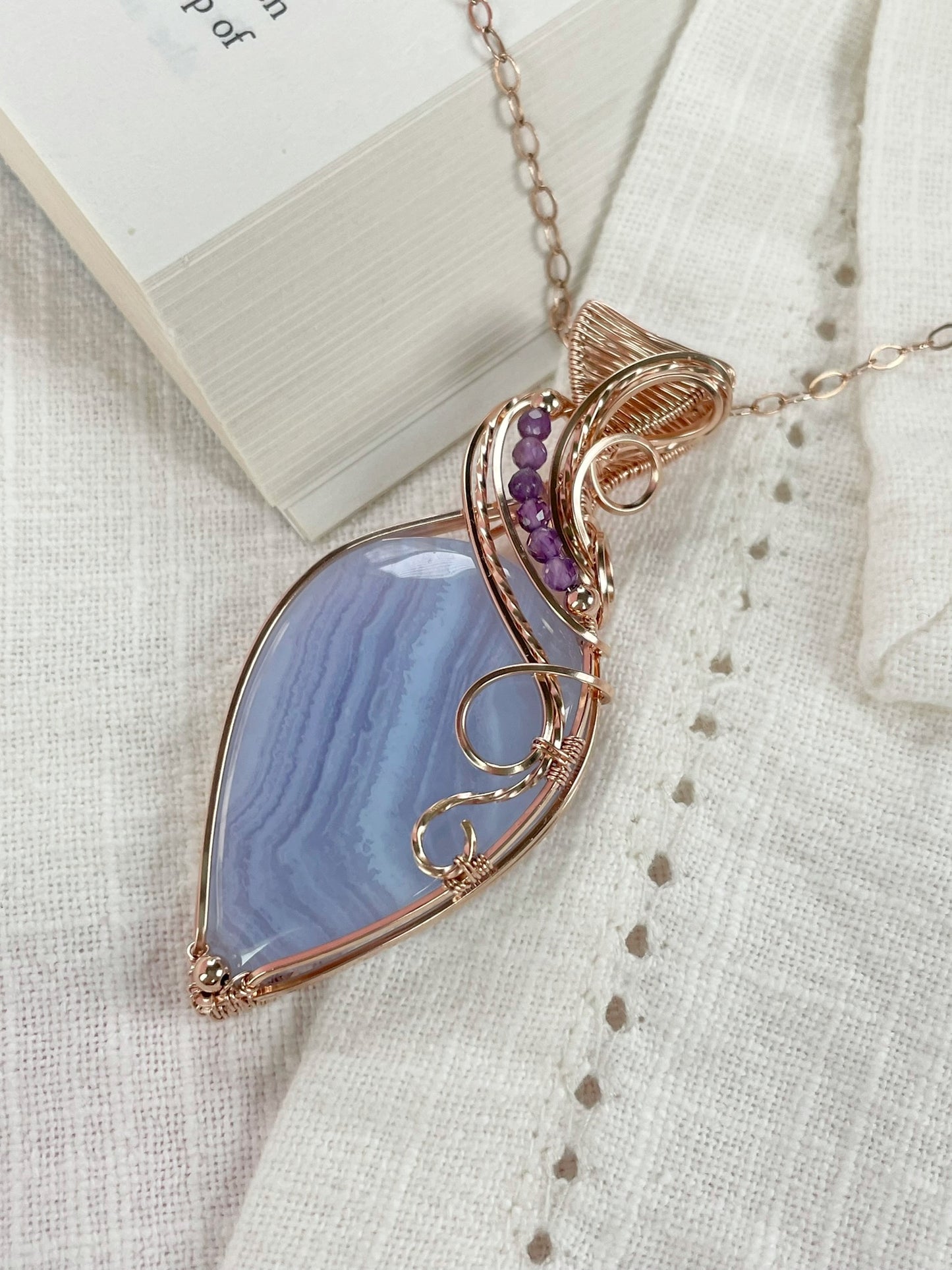 Blue Lace Agate & Amethyst Necklace in 14k Rose Gold Filled