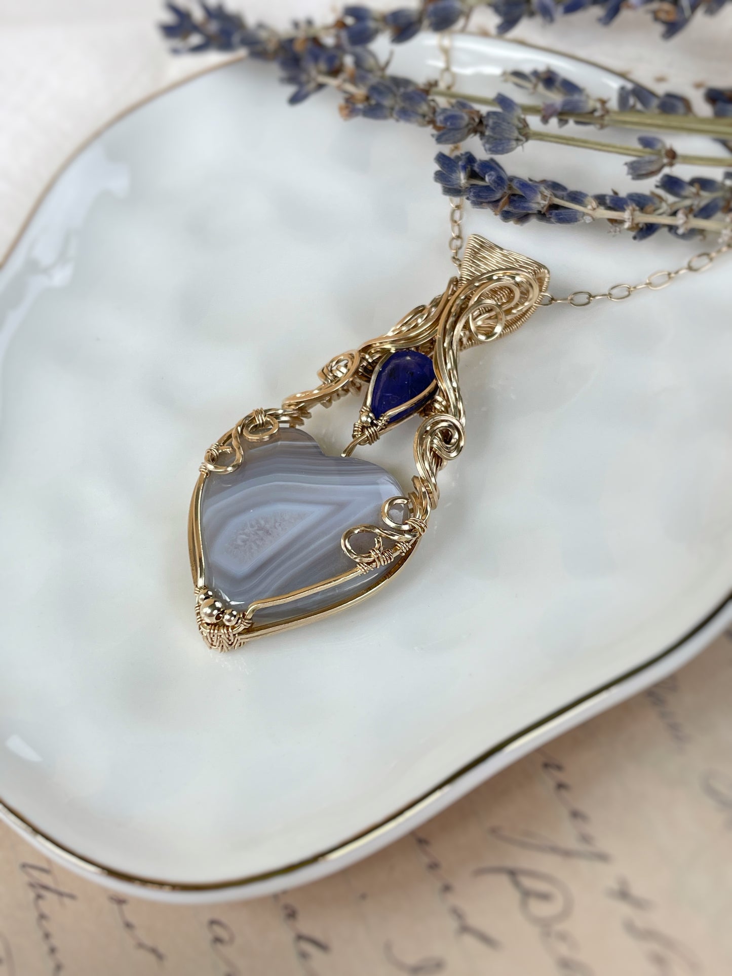 Botswana Agate Heart & Tanzanite Necklace in 14k Gold Filled