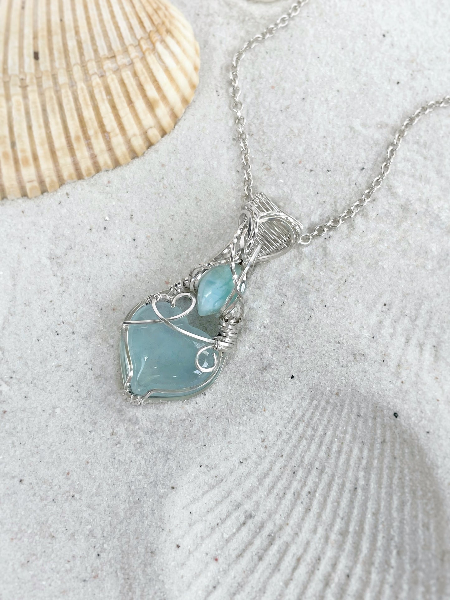 Small Aquamarine Heart & Larimar Necklace in Argentium Silver