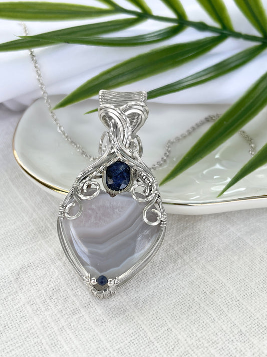 Botswana Agate Heart & Blue Sapphire Necklace in Argentium Silver