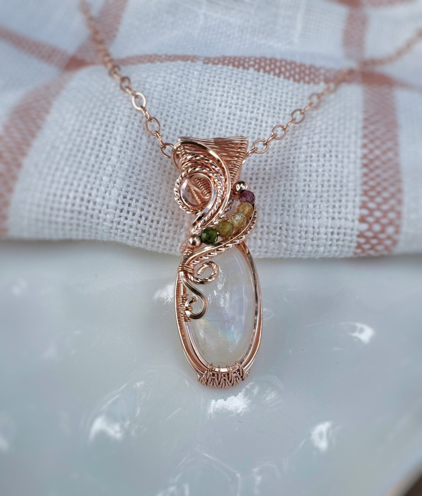 Rainbow Moonstone & Mixed Tourmaline Necklace in 14K Rose Gold Filled