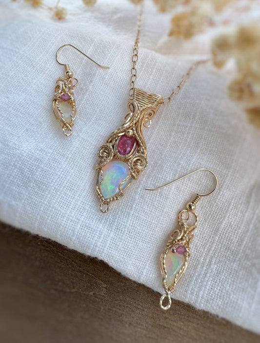 2.35 Ct Opal & Pink Tourmaline set (Earrings & Pendant) in 14k Gold Filled