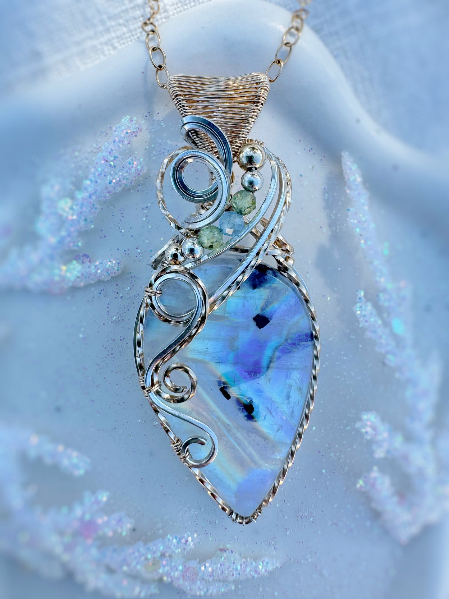 Rainbow Moonstone, Peridot & Aquamarine Mixed Metal Necklace