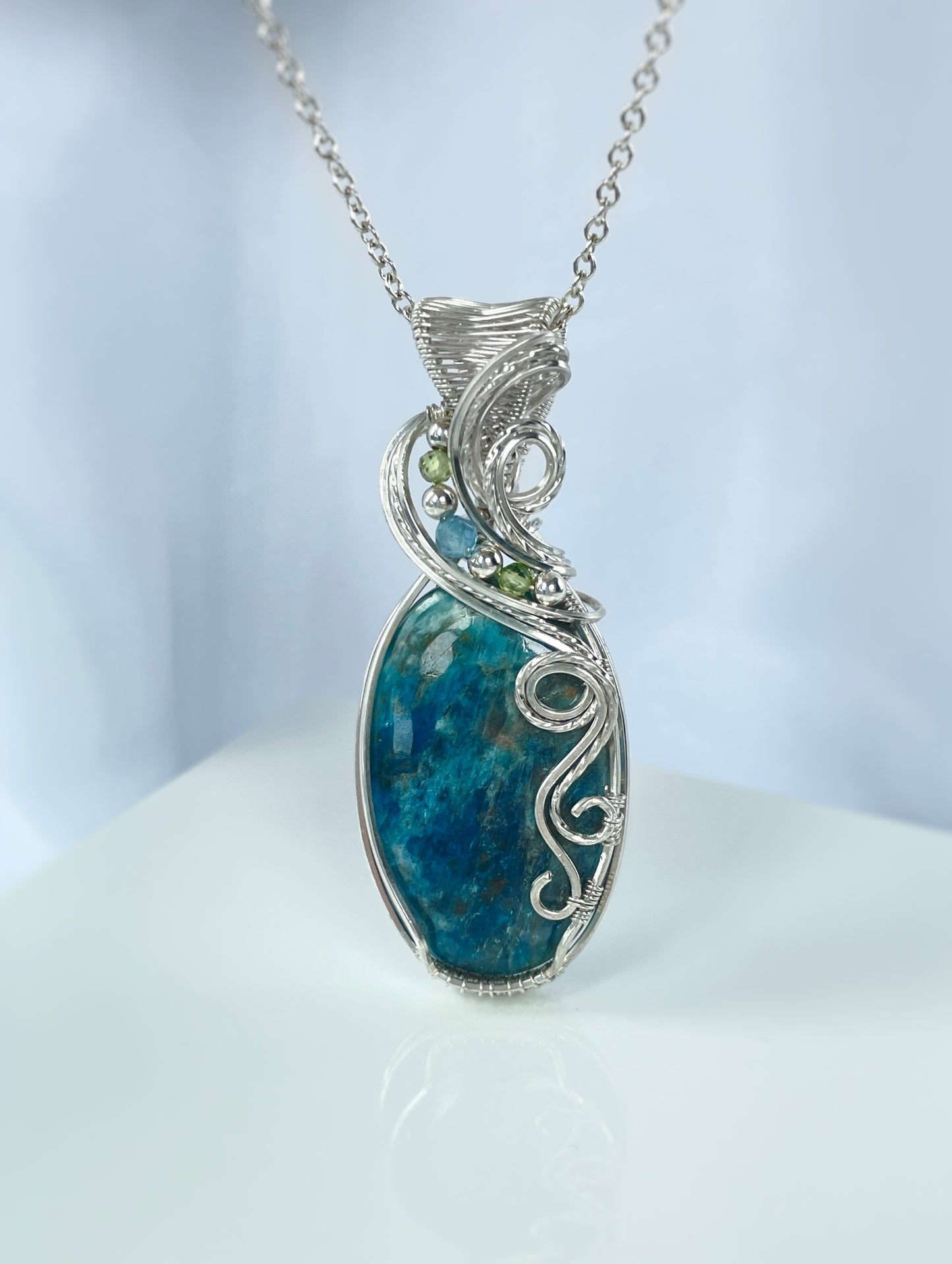 Blue Apatite, Peridot & Aquamarine Necklace in 0.925 Sterling Silver