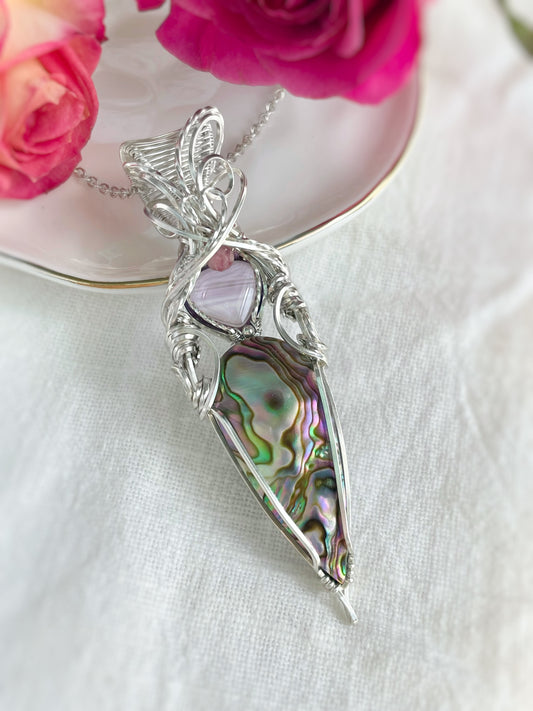 Abalone Shell, Amethyst Heart & Pink Tourmaline Necklace in Argentium Silver