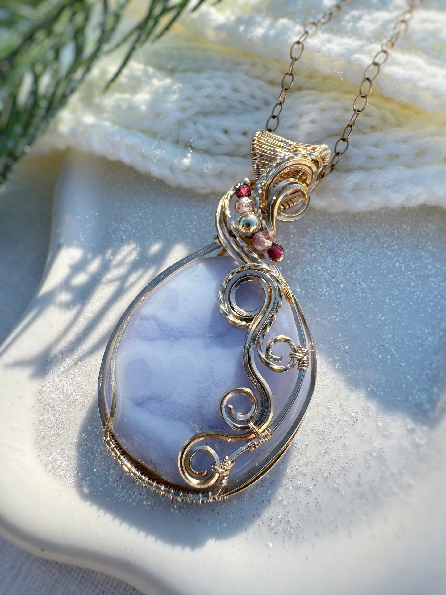 Blue Chalcedony, Garnet & Iolite Sunstone Necklace in 14k Gold Filled