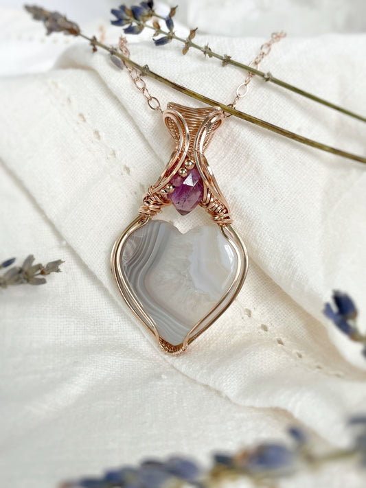 Botswana Agate Heart, Amethyst & Pink Tourmaline Necklace in 14k Rose Gold Filled