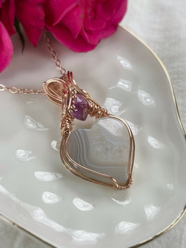 Botswana Agate Heart, Amethyst & Pink Tourmaline Necklace in 14k Rose Gold Filled