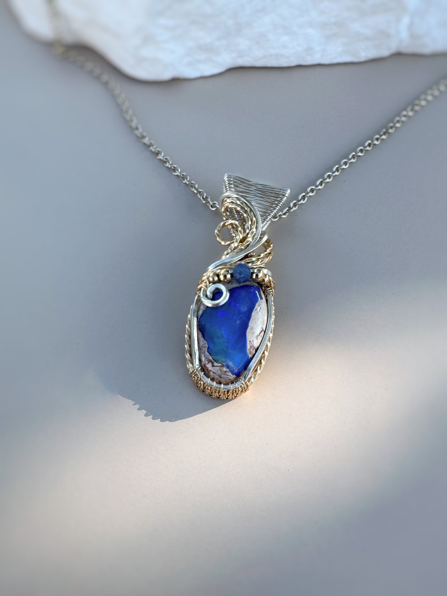 Mexican Opal & Blue Kyanite Mixed Metal (Argentium Silver & 14k Gold Filled) Necklace