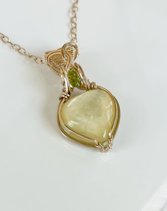 Mini Muscovite Heart & Peridot Necklace in 14k Gold Filled