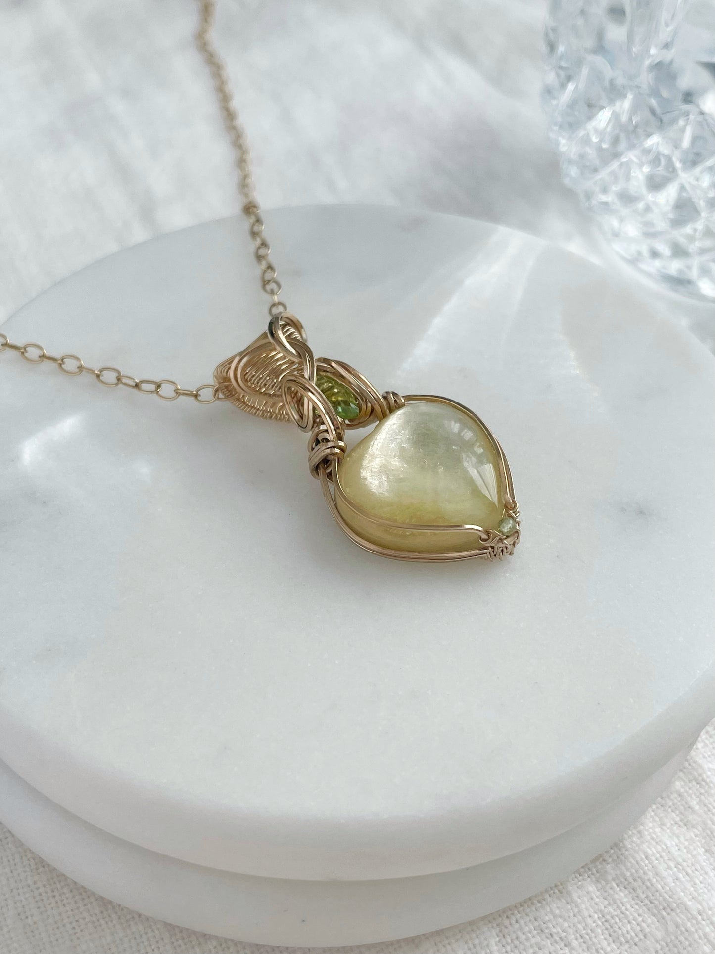 Mini Muscovite Heart & Peridot Necklace in 14k Gold Filled