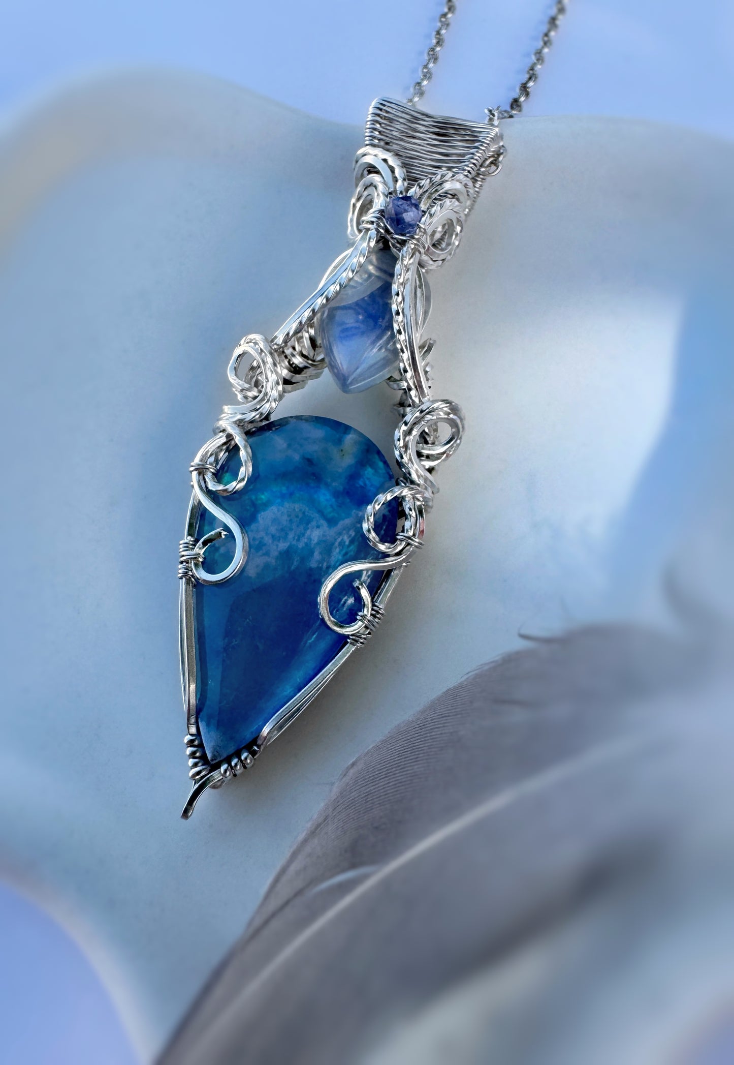 Sky Agate, Opalite & Tanzanite Necklace in Argentium Silver