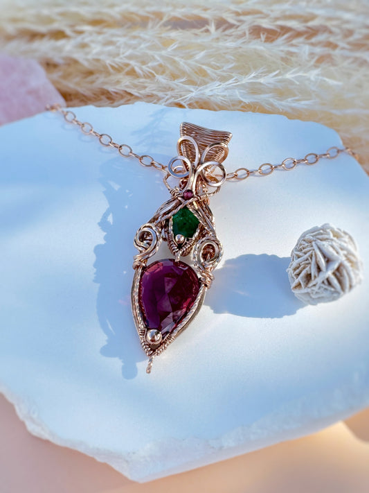 Faceted Garnet & Emerald 14k Rose Gold Filled Necklace